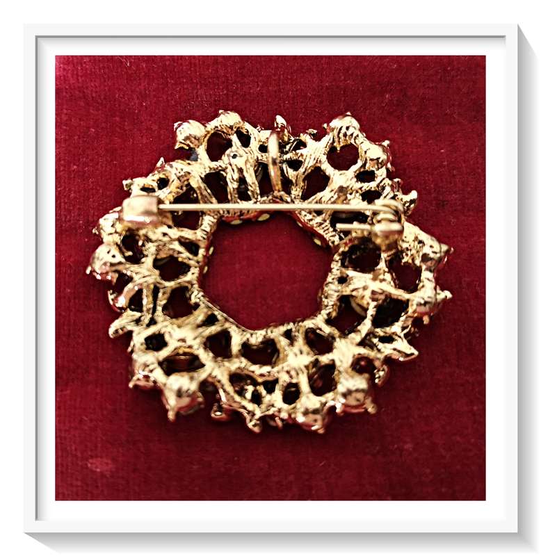 Circular Metal Flower Brooch Gold Tone with Dark Blue Rhinestones - For Her****
