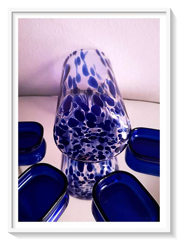 Cobalt Blue Glass Collection - Four Small Yesteryear Blue Trays and Hand Made Cobalt-Streaked Vase