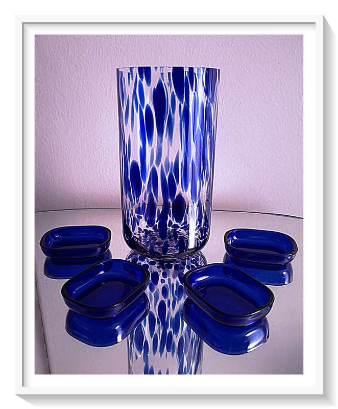 Cobalt Blue Glass Collection - Four Small Yesteryear Blue Trays and Hand Made Cobalt-Streaked Vase