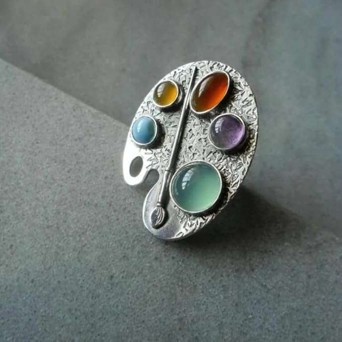 Creative Geometry Silver Color Metal Oval Inlaid Colored Stones Women Rings Vintage Die-Casting