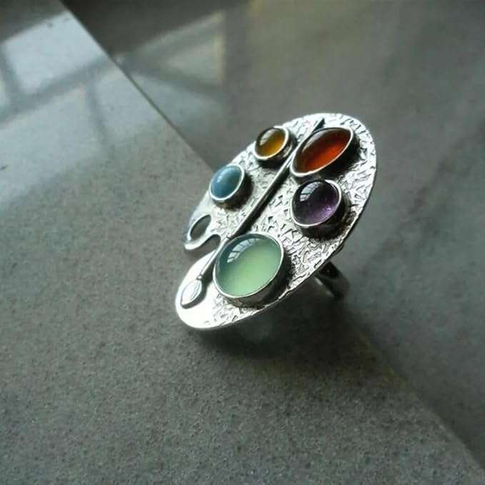 Creative Geometry Silver Color Metal Oval Inlaid Colored Stones Women Rings Vintage Die-Casting