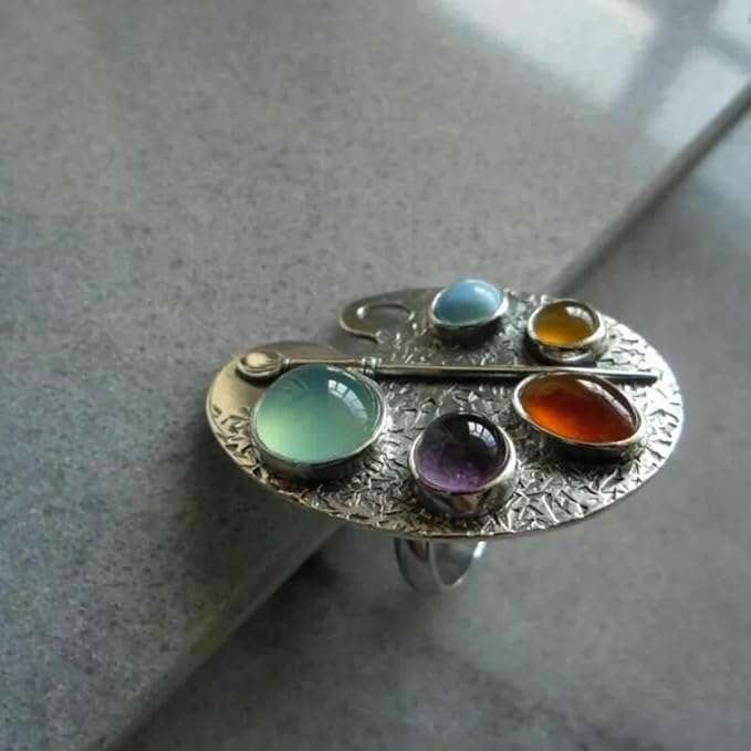 Creative Geometry Silver Color Metal Oval Inlaid Colored Stones Women Rings Vintage Die-Casting