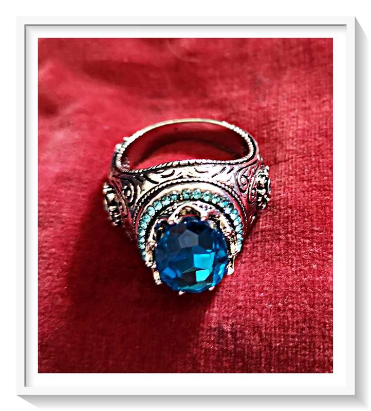 Dark Bohemian Style Silver and Black Toned Metal Ring with Blue Simulated Crystal Size 9