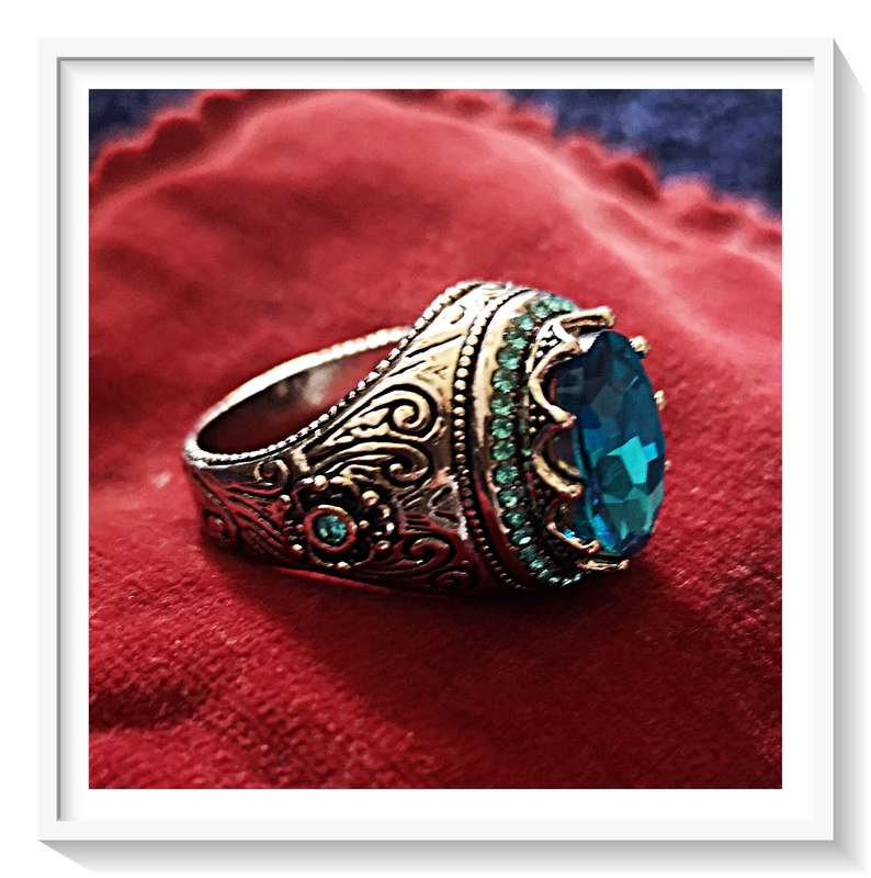 Dark Bohemian Style Silver and Black Toned Metal Ring with Blue Simulated Crystal Size 9