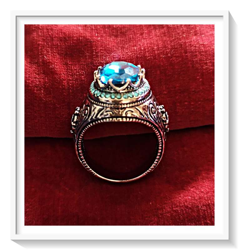 Dark Bohemian Style Silver and Black Toned Metal Ring with Blue Simulated Crystal Size 9