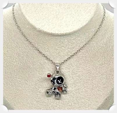 EMO DEAD DOLL Impaled by a Button Needle Funky Goth Necklace Pendant for Eccentrics *****