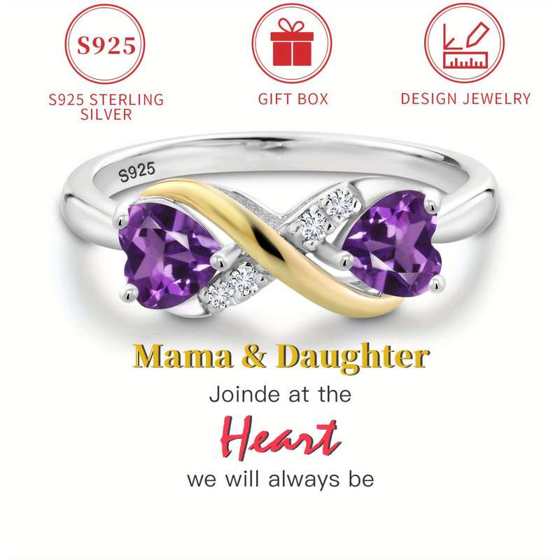 Elegant 925 Infinity Ring Size 8 - Two Ionized Quarts Amethyst Hearts - 925 Sterling Silver Ring****