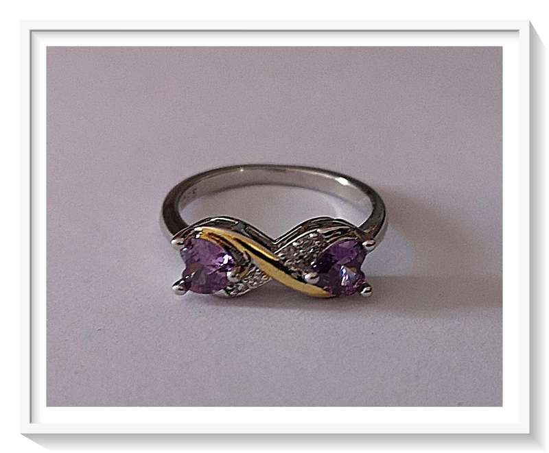 Elegant 925 Infinity Ring Size 8 - Two Ionized Quarts Amethyst Hearts - 925 Sterling Silver Ring****