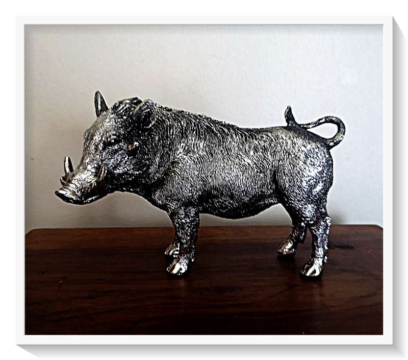 Fairly Large Resin Cast Silver Warthog display ornament - Dimensions 190mm by 120mm by 70mm