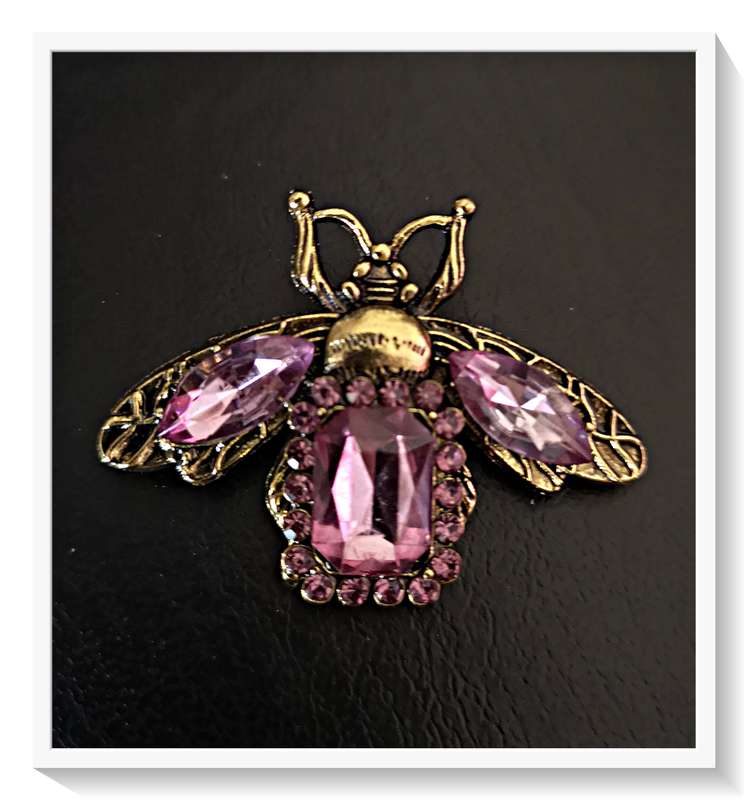 Golden Metal Alloy Beetle Brooch with Champaigne Pink Rhinestone Accents- Condition: Like New