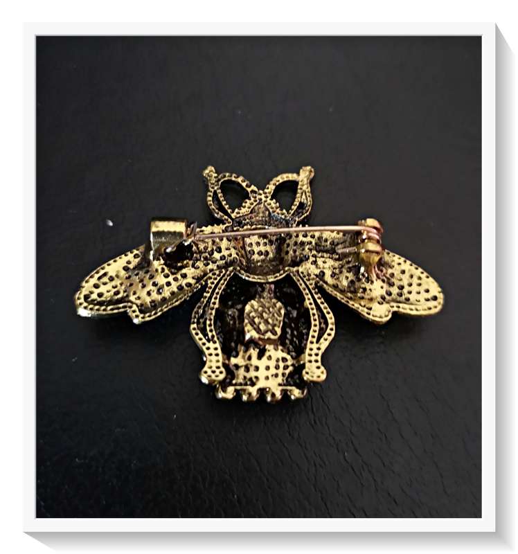 Golden Metal Alloy Beetle Brooch with Champaigne Pink Rhinestone Accents- Condition: Like New