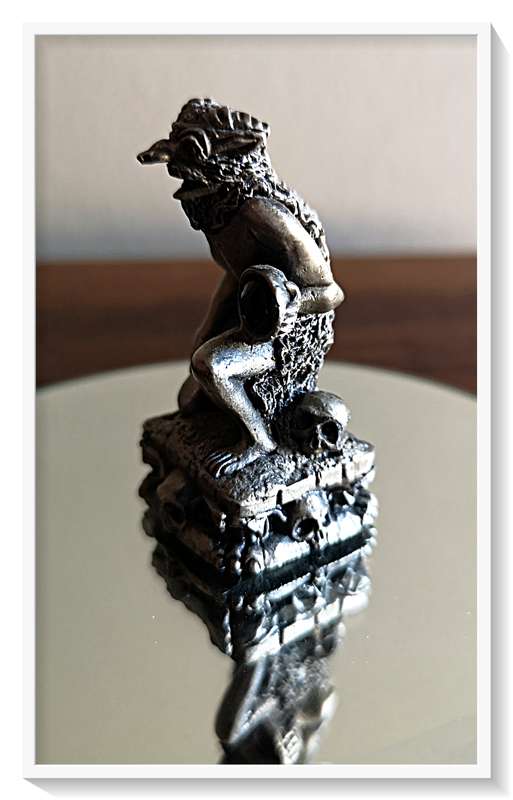 Heavy Little Pewter or Lead Figurine of a Troll with Embedded Bluish Black Crystal