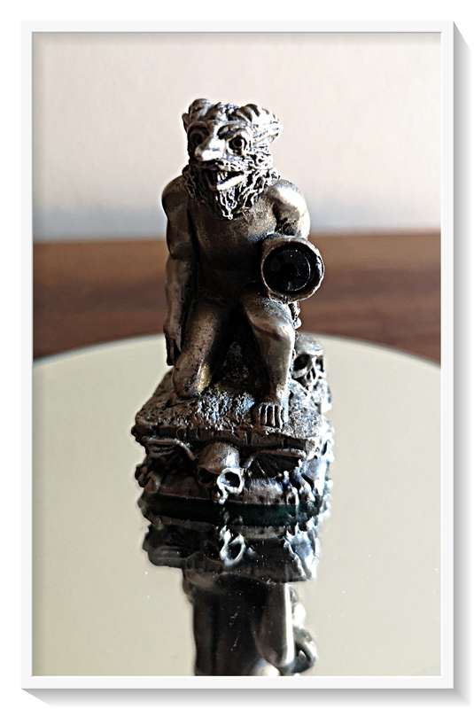 Heavy Little Pewter or Lead Figurine of a Troll with Embedded Bluish Black Crystal