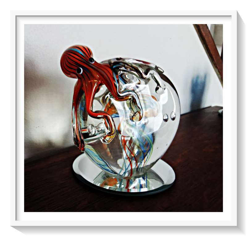 Large Solid Glass Multicoloured Sphere with an Exquisite Swirling Murano Style Octopus - 16CM X 13CM