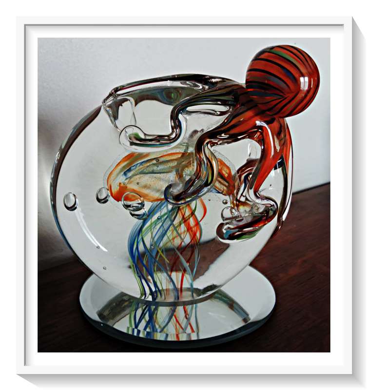 Large Solid Glass Multicoloured Sphere with an Exquisite Swirling Murano Style Octopus - 16CM X 13CM