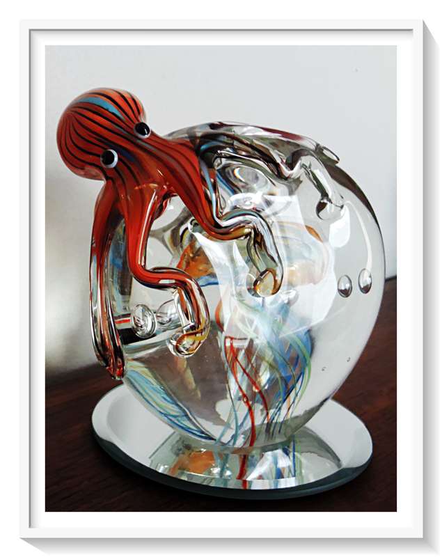 Large Solid Glass Multicoloured Sphere with an Exquisite Swirling Murano Style Octopus - 16CM X 13CM