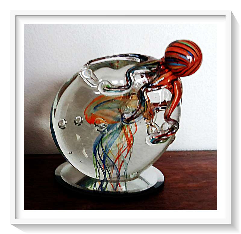 Large Solid Glass Multicoloured Sphere with an Exquisite Swirling Murano Style Octopus - 16CM X 13CM