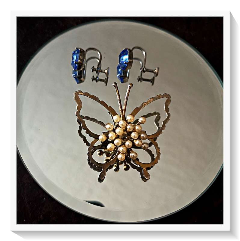 Old Vintage Fashion Earrings and Metal Butterfly Sprouting a Flower of Small Faux Pearls