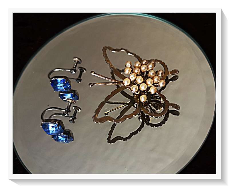 Old Vintage Fashion Earrings and Metal Butterfly Sprouting a Flower of Small Faux Pearls