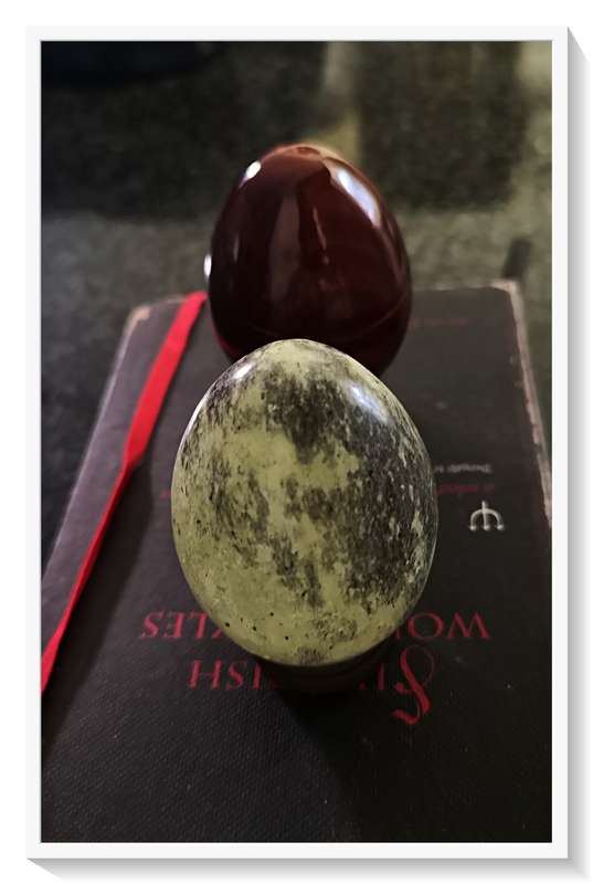 2X One Genuine Light Green Marble Egg and One Solid Wood Egg with a Natural Hairline split *