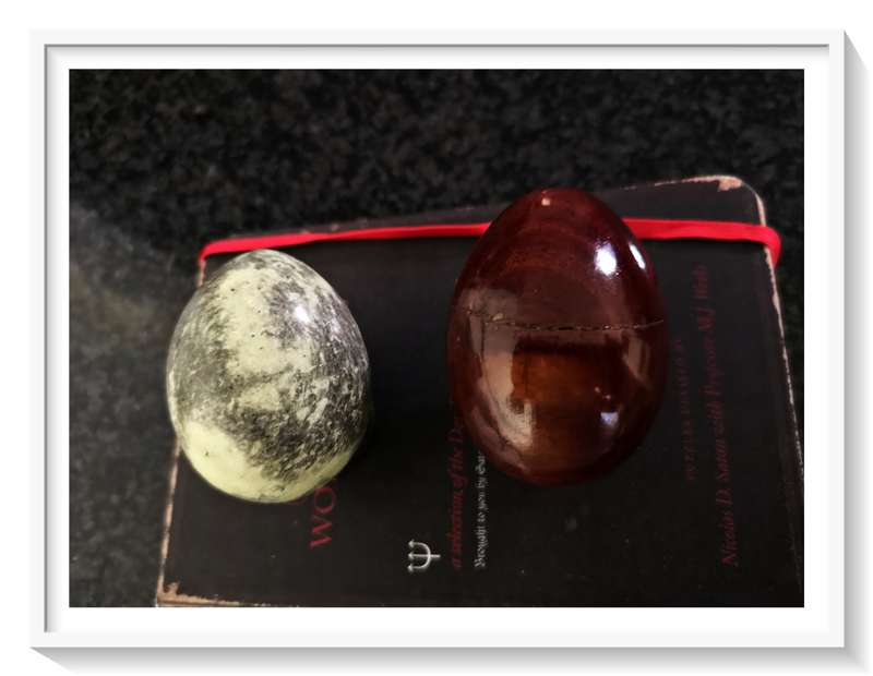 2X One Genuine Light Green Marble Egg and One Solid Wood Egg with a Natural Hairline split *