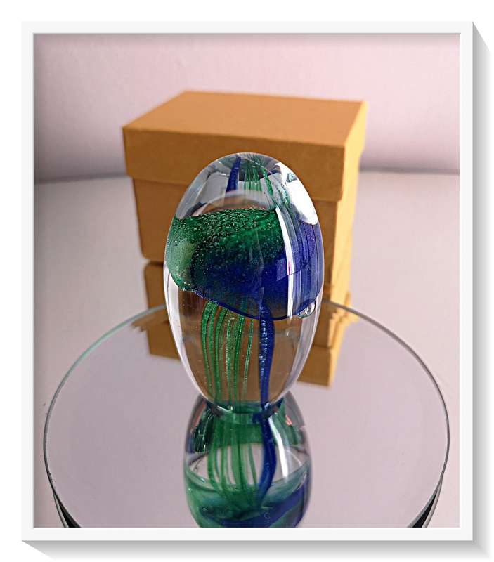 One Glass Paperweight in Swirls of Green and hues of Blue with Articulated Bubbles 003