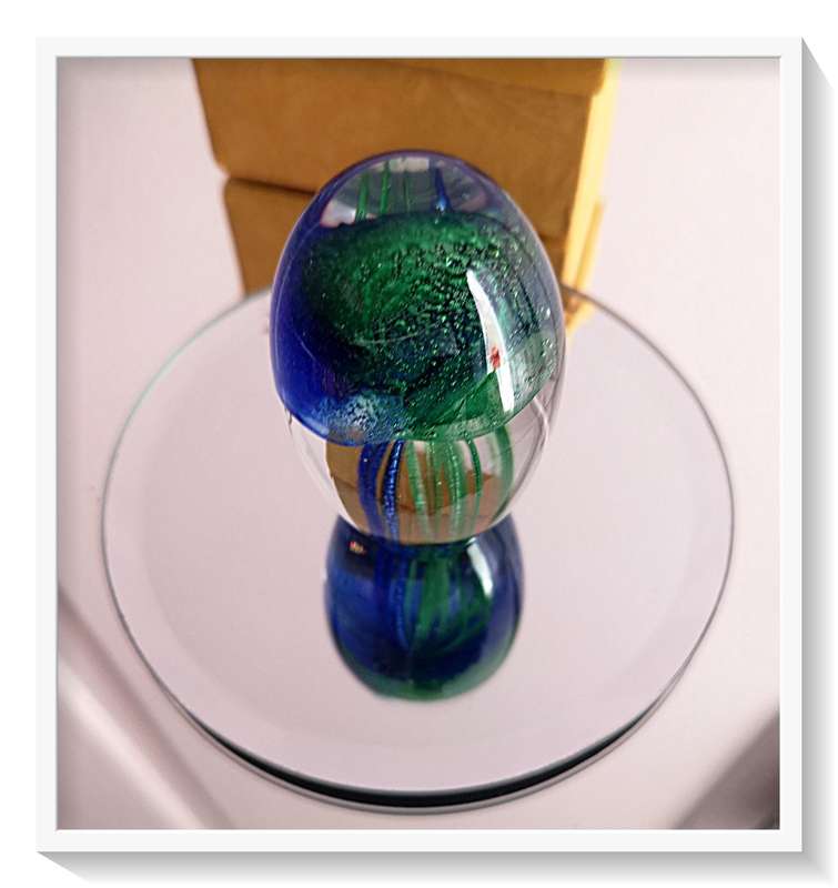 One Glass Paperweight in Swirls of Green and hues of Blue with Articulated Bubbles 003