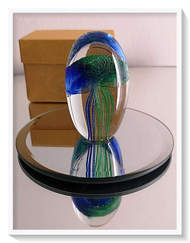One Glass Paperweight in Swirls of Green and hues of Blue with Articulated Bubbles 003