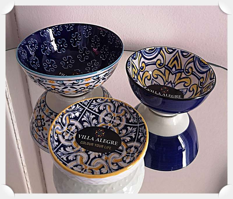 Original VILLA ALEGRE Rice Glazed Bowls in a Predominantly Blue Theme 12cm and 9cm to 10cm in Width