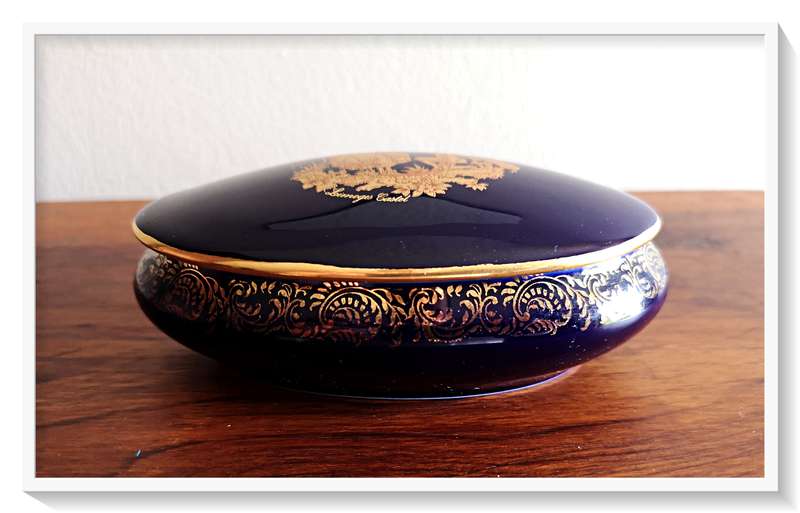 LIMOGES CASTEL - 22K Gold Coated - Oval Shaped Deep Blue and Gold French Porcelain Trinket Holder *