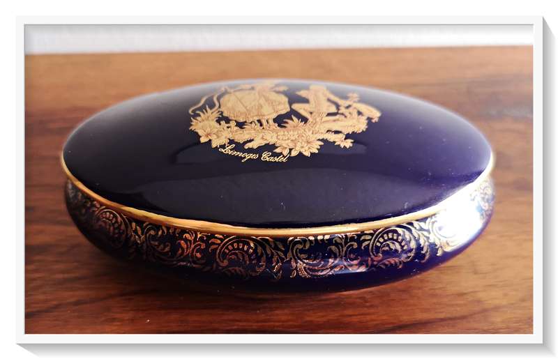 LIMOGES CASTEL - 22K Gold Coated - Oval Shaped Deep Blue and Gold French Porcelain Trinket Holder *
