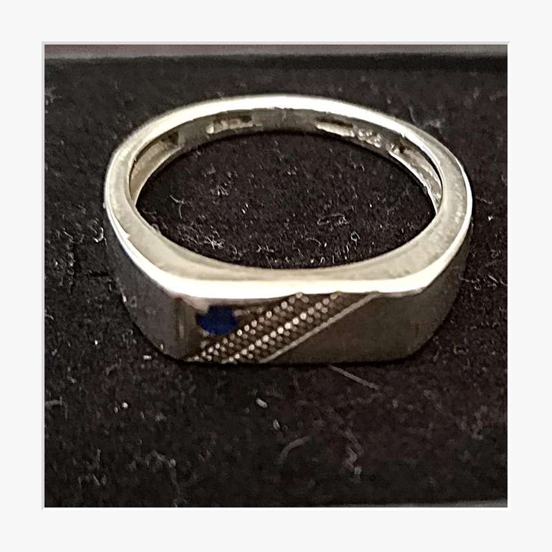 Sterling Silver Vintage Men's Engagement Ring (Size 8) with Genuine Small Vivid Blue Sapphire *