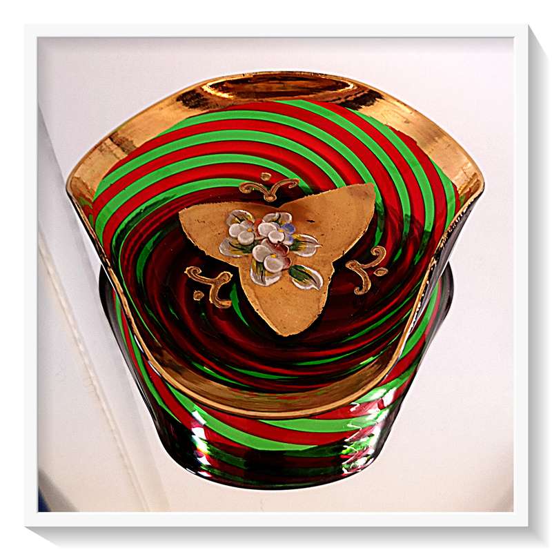 The Most Amazing Gold Toned Venetian Glass Ashtray with Swirling Green and Red Spiral - Dimensions*
