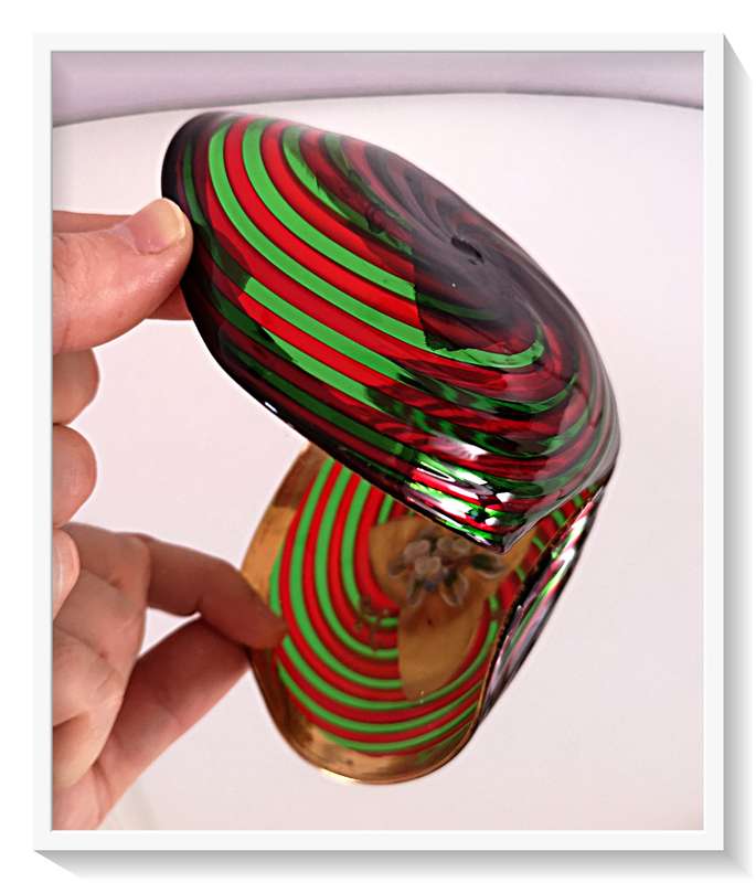 The Most Amazing Gold Toned Venetian Glass Ashtray with Swirling Green and Red Spiral - Dimensions*
