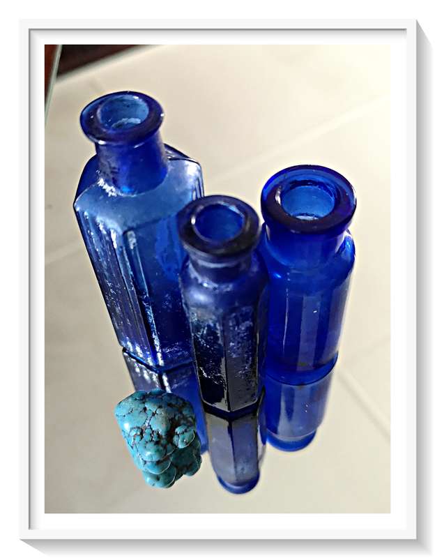 Three Antique Cobalt Blue Glass Bottles with a small tumbled Turquoise Stone***