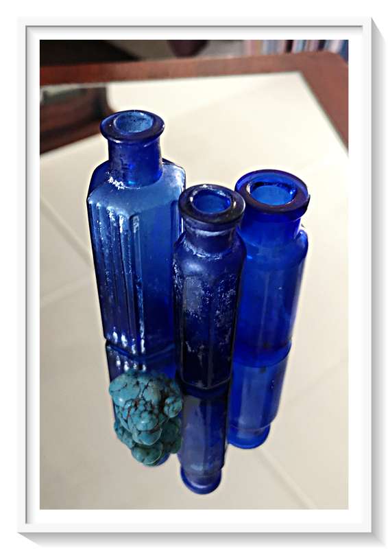 Three Antique Cobalt Blue Glass Bottles with a small tumbled Turquoise Stone***