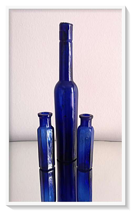 Three Yesteryear Cobalt Blue POISON Glass Bottles 180mm and 70mm in Height