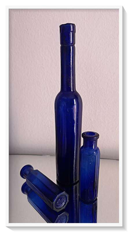 Three Yesteryear Cobalt Blue POISON Glass Bottles 180mm and 70mm in Height