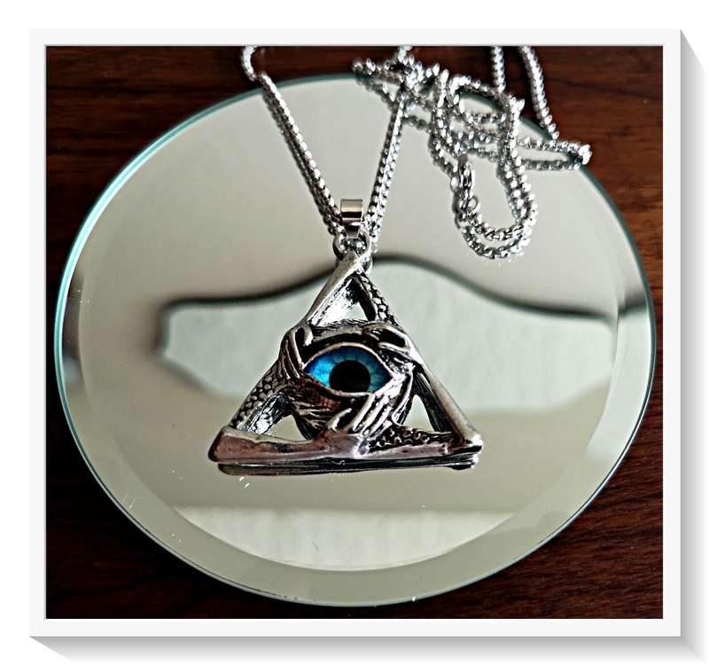 Chrome Metal Triangular Esoteric Eye / Pyramidal Blue Eye Pendant with Metal Snake Chain