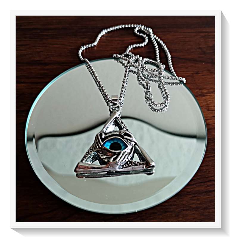 Chrome Metal Triangular Esoteric Eye / Pyramidal Blue Eye Pendant with Metal Snake Chain