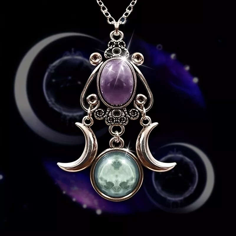 Triple Moon Goddess Crystal Necklace Accessories Witchy Jewelry For Women Girls