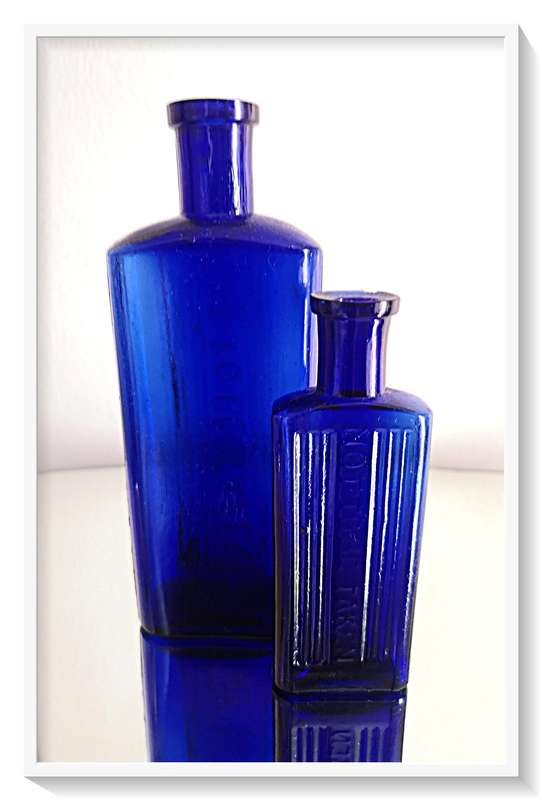 Two Cobalt Blue NOT TO BE TAKEN Glass Bottles in Perfect Condition 150mm and 100mm