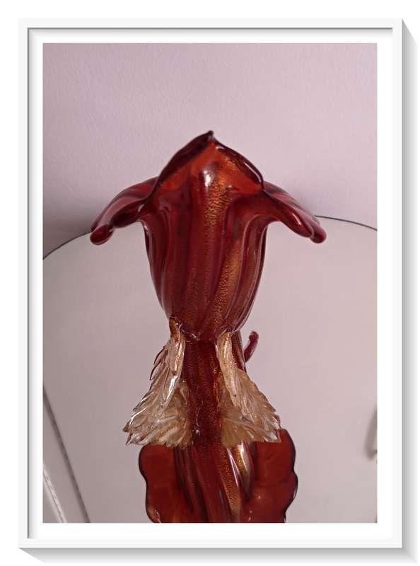 VINTAGE ITALIAN MURANO CORNUCOPIA GLASS VASE - Vibrant Ruby Red Mid-Century Murano (No Chips)