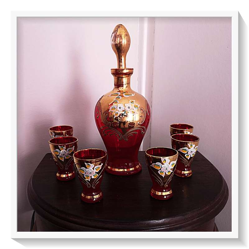VINTAGE RUBY AND GOLD VENETIAN DECANTER SET - SIX GLASSES - Absolutely Stunning *