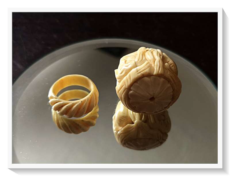 Vintage Antique Dentine Ring Size 7 or 8 with an Intricately Carved Dentine Bead 3cm in Diameter