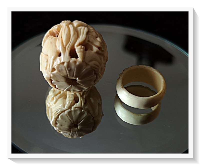 Vintage Antique Dentine Ring Size 7 or 8 with an Intricately Carved Dentine Bead 3cm in Diameter