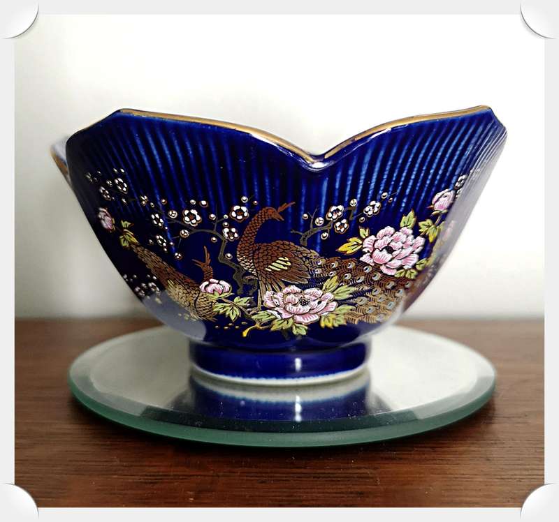 Vintage Made in Japan Cobalt Blue Peacock Dish Small Lotus Shaped Rice Bowl Trinket Dish