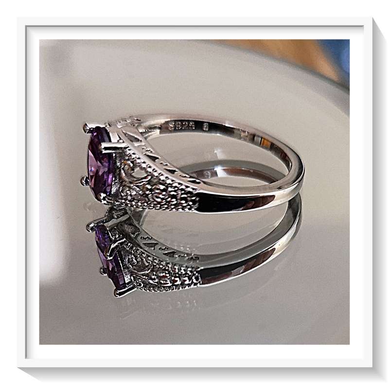 A 925 Sterling Silver Floral Filigree Ring - Solitaire Setting - Purple Zircon Stone - Gorgeous***