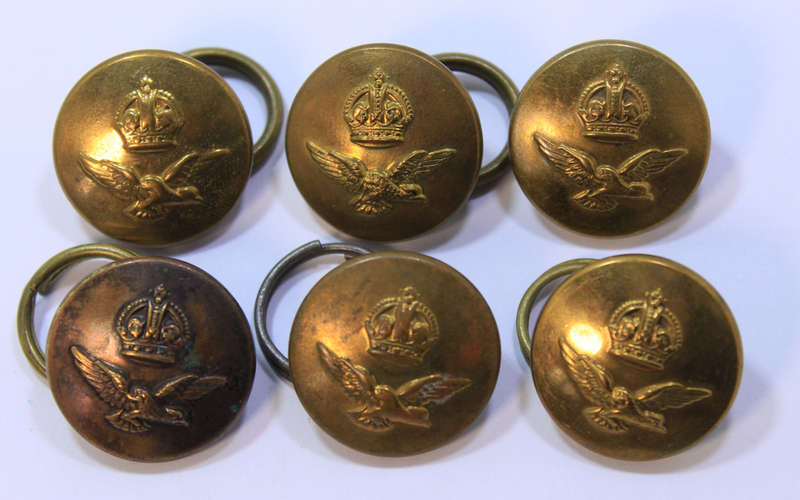 Set Of 6 Large WW2 RAF Brass Jacket Buttons with Kings Crown with Rings