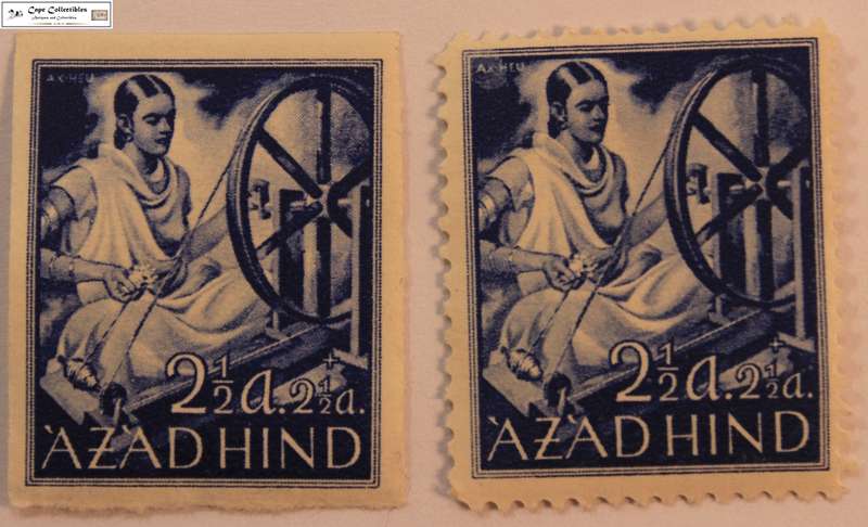 2 x Azad Hind 2 1/2 + 2 1/2 Annas 1943 India Provisional Government WW2 Woman Spinning Stamps.